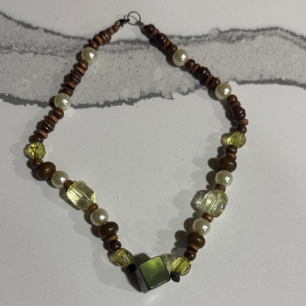 Beaded Necklace with Faux Pearls and Wood Accents